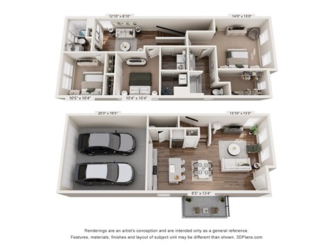 3D floor plan of the Hearth layout at Mural Lewis Center, a modern 3-bedroom single-family rental home in Lewis Center, OH.